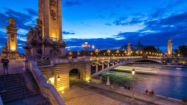 Alexandre Most Paříži Noci Den Osvětlení Noční Přechod Timelapse Grand — Stock fotografie
