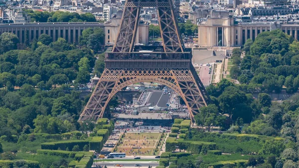 Vista Aérea Torre Montparnasse Com Torre Eiffel Timelapse Champ Mars — Fotografia de Stock