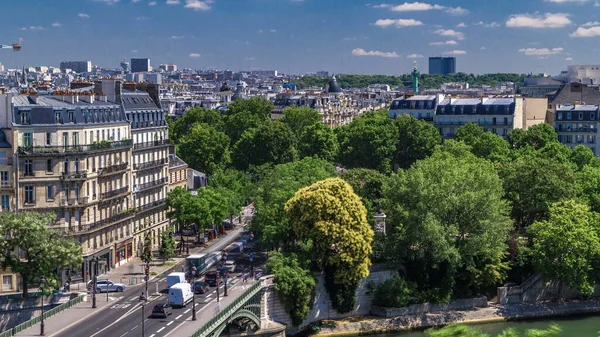 Panorama Över Paris Timelapse Med Bastille Kolumn Och Trafik Väg — Stockfoto