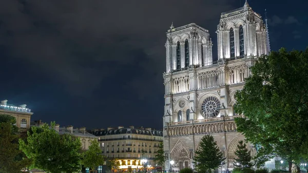 Night View Illuminated Notre Dame Paris Timelapse France View Petit — Stock Photo, Image