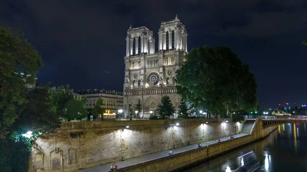 Night View Illuminated Notre Dame Paris Timelapse Franciaország Kilátás Petit — Stock Fotó