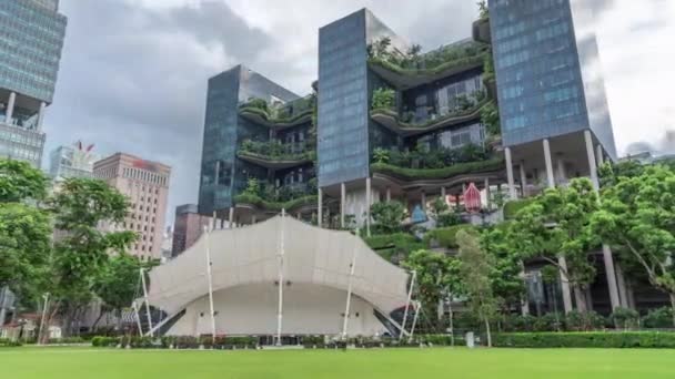 Hiperlapso del timelapse de Hong Lim Park cubierto por algunos arbustos y un gran árbol con jardines en terrazas sobre un fondo — Vídeos de Stock