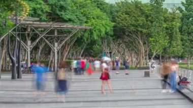 Parklar ve marina koyunun dışındaki ağaçların yanında yürüyün Singapur gökdelenleri gökdelenleri gökyüzü çizgisi zaman çizgisi
