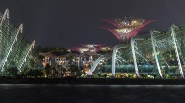 Singapur Körfezi yakınlarındaki Garden 'da Supertree Grove, Bulut Ormanı ve Çiçek Kubbesi' nin gece manzarası..