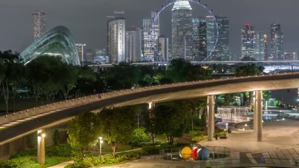 Widok z lotu ptaka z Singapuru miasto panorama z Marina zapory ogród noc timelapse. — Wideo stockowe