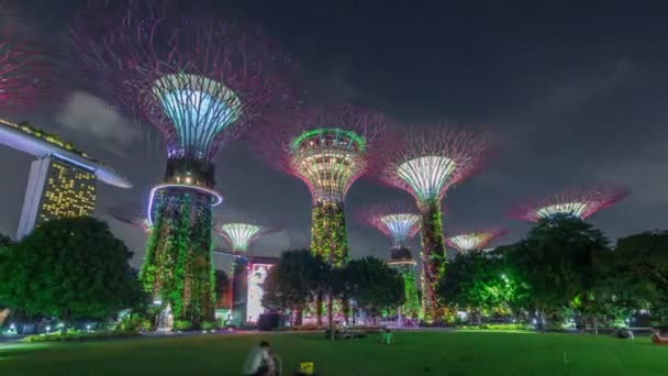 シンガポールの湾の夜のタイムラプス・ハイパーラプスによる庭の素晴らしい照明の未来的な空撮. — ストック動画