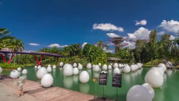 Framtid Tillsammans utställning på Dragonfly Lake och Bayfront Plaza Gardens av Bay timelapse hyperlapse. — Stockvideo