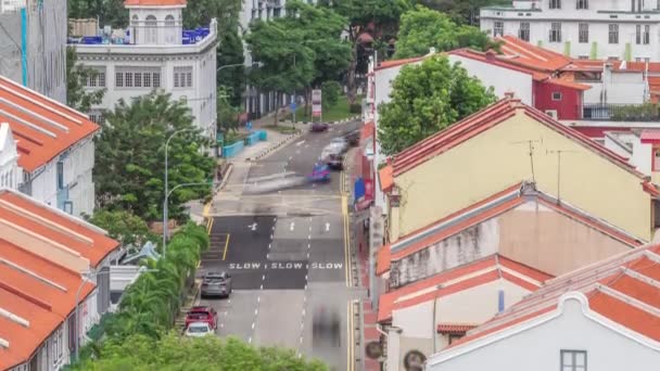 Aerial kilátás art deco üzletek mentén Neil út Chinatown terület timelapse — Stock videók