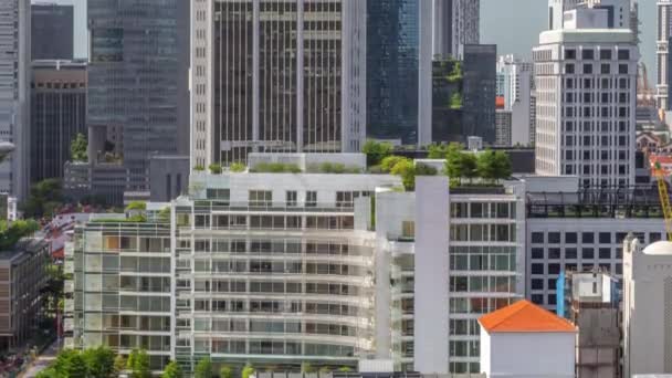 都市の建物のスカイラインと美しい緑のビクトリア通りシンガポールの空中時間経過 — ストック動画