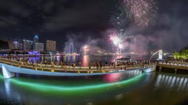 Feuerwerk über der Hafenpromenade von Marina Bay zur Feier des Lunar New Year Timelapse — Stockvideo