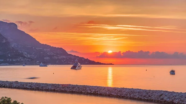 Sunrise View Sea Landscape Timelapse Beaulieu Sur Mer France Boats — Stock Photo, Image