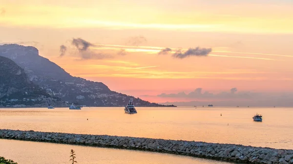 Sunrise View Sea Landscape Timelapse Beaulieu Sur Mer France Boats — Stock Photo, Image
