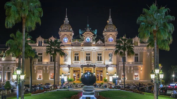 Grand Casino Monte Carlo Night Timelapse Mônaco Edifício Histórico Quadrado — Fotografia de Stock