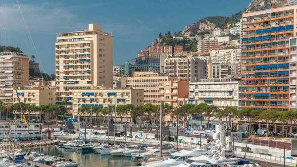 Monte Carlo Luftpanorama Time Lapse Udsigt Luksusyachter Både Beboelsesejendomme Havnen - Stock-foto