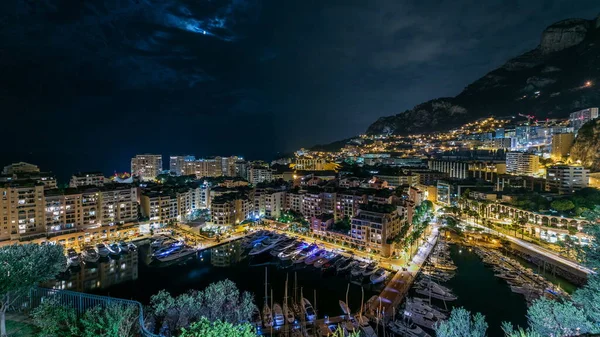 Ночной Вид Фонтвейт Новый Район Монако Лодки Яхты Порту Многоэтажный — стоковое фото