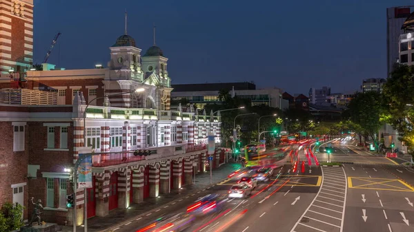 Ruch Uliczny Pobliżu Straży Pożarnej Singapuru Dzień Nocy Powietrza Timelapse — Zdjęcie stockowe