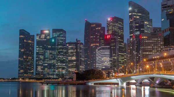 Esplanadbron Och Centrala Kärnan Skyskrapor Bakgrunden Singapore Natt Till Dag — Stockfoto