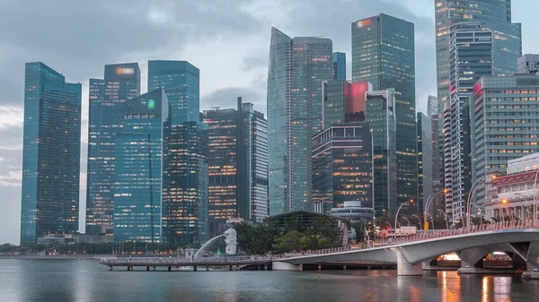 Esplanadbron Och Centrala Kärnan Skyskrapor Bakgrunden Singapore Natt Till Dag — Stockfoto