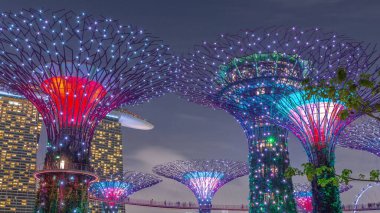 Günbatımından sonra Singapur 'da, gündüz körfezden gece geçiş zamanına kadar Garden' daki muhteşem aydınlanmanın fütüristik hava görüntüsü. Supertree Groveis 'deki gece lambası gösterisi Marina Körfezi' nin ana turistik merkezi.