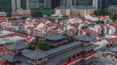 Singapur Çin Mahallesi 'ndeki Buddha Diş Anıtı Tapınağı. Arka planda şehrin silüeti var. Gökdelenleri ve kuleleri olan tapınak. Kırmızı çatılı eski evler