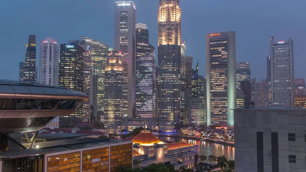 Kolorowe Singapur Central Business District Anteny Dzień Nocy Przejścia Timelapse — Zdjęcie stockowe