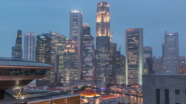 Kolorowe Singapur Central Business District Anteny Dzień Nocy Przejścia Timelapse — Zdjęcie stockowe