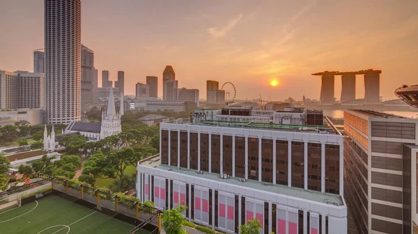 Salida Del Sol Sobre Horizonte Singapur Con Timelapse Noche Aérea —  Fotos de Stock