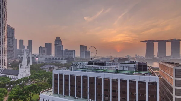 Salida Del Sol Sobre Horizonte Singapur Con Timelapse Noche Aérea —  Fotos de Stock