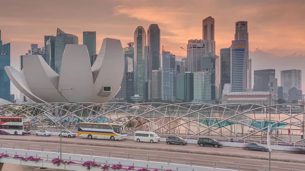 Flygfoto Över Solnedgången Över Helix Bridge Och Bayfront Avenue Med — Stockfoto