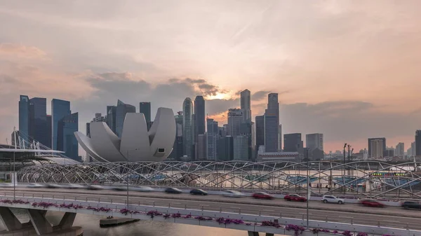 Widok Powietrza Zachód Słońca Nad Helix Bridge Bayfront Avenue Ruchu — Zdjęcie stockowe