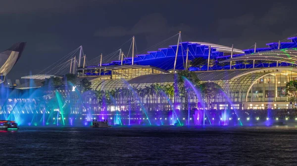 Superbe Spectacle Laser Fontaine Musicale Bord Eau Marina Bay Sands — Photo