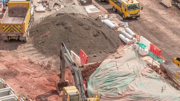 Velké Stavební Místo Městě Timelapse Proces Masivní Buliding Konstrukce Těžkým — Stock fotografie