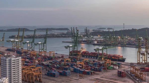 Kommersiell Hamn Singapore Antenn Dag Till Natt Övergång Timelapse Panoramautsikt — Stockfoto