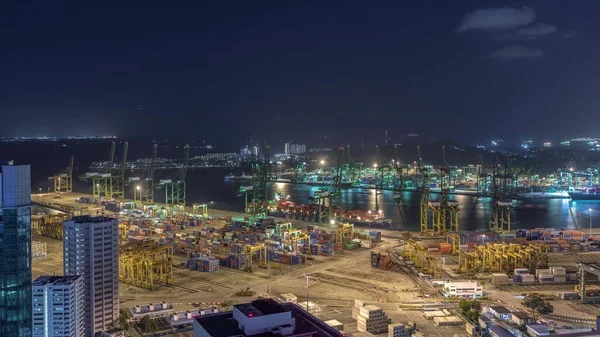 Szingapúri Kereskedelmi Kikötő Éjszakai Időeltolódása Panorámás Kilátás Legforgalmasabb Ázsiai Rakodókikötőre — Stock Fotó