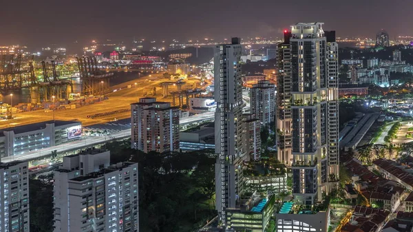 Ciudad Skyline Con Puerto Comercial Singapur Noche Timelapse Vista Panorámica — Foto de Stock