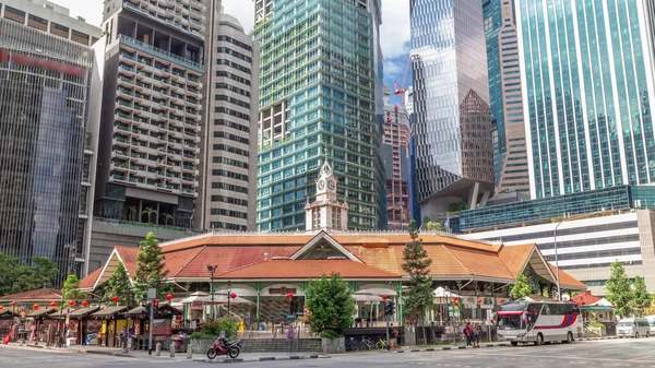 Telok Ayer Marknaden Med Höga Skyskrapor Bakgrund Timelapse Hyperlapse Trafiken — Stockfoto