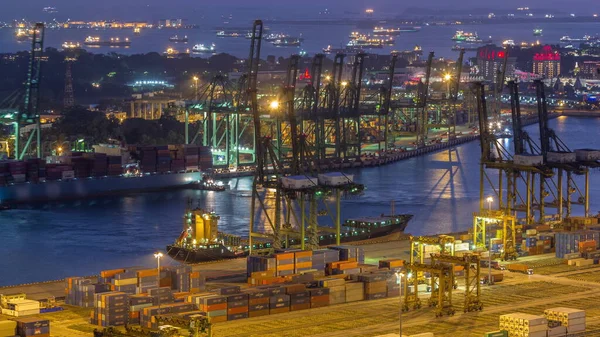 Puerto Comercial Singapur Día Aéreo Noche Timelapse Transición Vista Panorámica — Foto de Stock