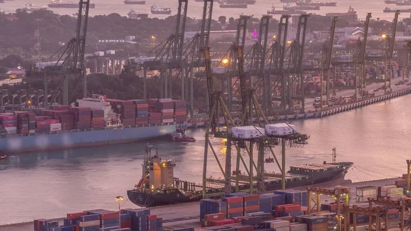 Port Handlowy Singapuru Anteny Dzień Nocy Przejścia Timelapse Panoramiczny Widok — Zdjęcie stockowe