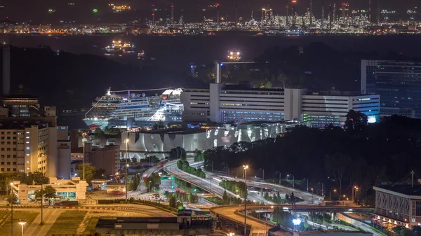 Singapore Cruise Terminal Εναέρια Νύχτα Timelapse Που Διαχειρίζεται Και Λειτουργεί — Φωτογραφία Αρχείου