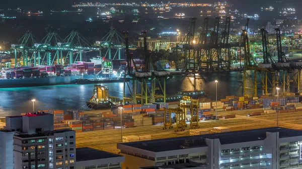 Commercial Port Singapore Night Timelapse Panoramic View Busiest Asian Cargo — Stock Photo, Image