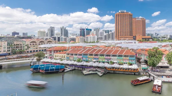 Tourist Boats Docking Clarke Quay Habour Aerial Timelapse Colorful Houses — Stock Photo, Image