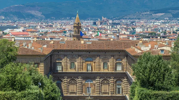The Boboli Gardens park timelapse, Fountain of Neptune and a distant view on The Palazzo Pitti, in Florence, Italy. Popular tourist attraction and destination. Old historical town on background