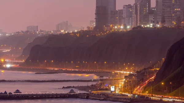 Miraflores Civarındaki Lima Coastline Hava Görüntüsü Gece Gündüz Geçiş Zamanı — Stok fotoğraf