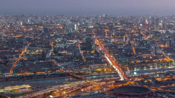 Luftaufnahme Der Skyline Von Lima Tag Und Nacht Übergang Zeitraffer — Stockfoto