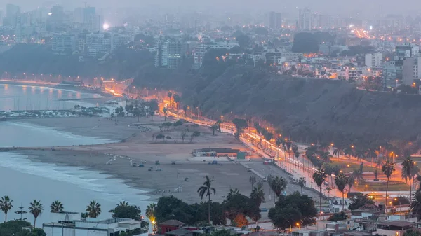 Letecký Pohled Břeh Limy Včetně Okresů Barranco Chorrillos Noc Den — Stock fotografie