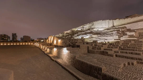 Pyramida Huaca Pucllana Den Dne Noci Transformace Timelapse Před Inca — Stock fotografie