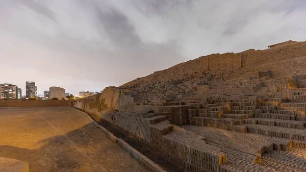 Pyramida Huaca Pucllana Den Dne Noci Transformace Timelapse Před Inca — Stock fotografie