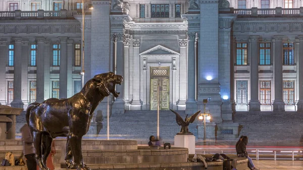 The Palace of Justice of Lima night timelapse. It is the main seat of the Supreme Court of Justice of the Republic of Peru and symbol of the Judicial Power of Peru. Panther and eagle statues