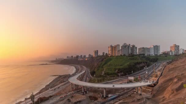 Aerial view of Limas Coastline in the neighborhood of Miraflores during sunset timelapse, Lima, Peru — Stock Video