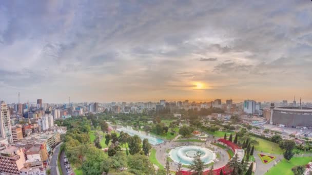 Aerial sunset view to Park of the Reserve with magic water circuit biggest fountain complex timelapse — Stock Video